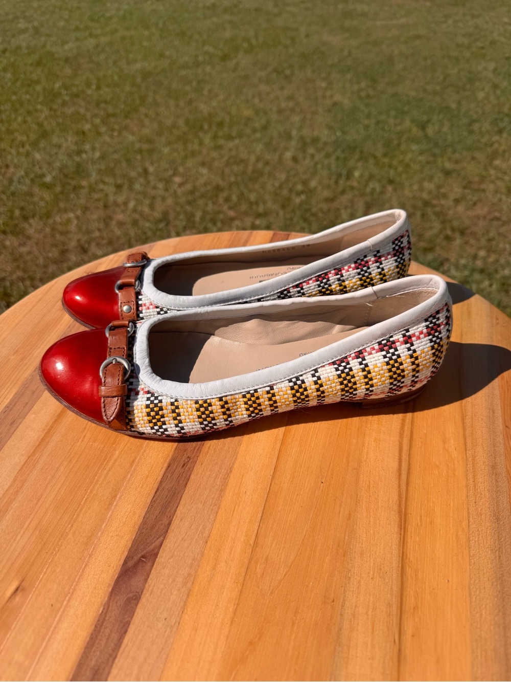 Ladies AGL Monika Red Cap-Toe Woven Plaid Ballet Flats